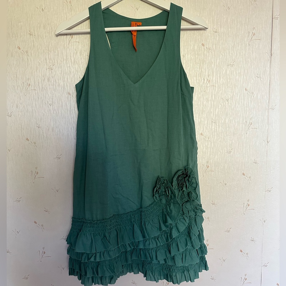 100% cotton- BCBGeneration Teal Sleeveless Dress with Ruffle Detail